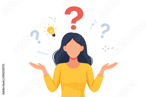 Flat Vector Illustration of a Faceless Woman with Question Marks and a Glowing Lightbulb Symbolizing Thinking, Problem Solving, Decision Making, Confusion, and Brainstorming New Creative Ideas.