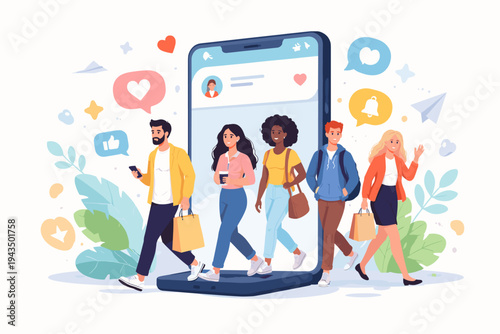 Diverse customers walking out of a smartphone screen with social media icons and shopping bags, representing digital marketing, mobile commerce, online community, and retail connectivity.