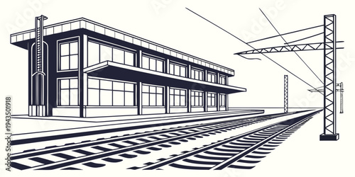 A black and white illustration of a train station building with tracks and overhead wires