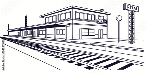 A black and white illustration of a train station with tracks and a sign reading rital on a pure