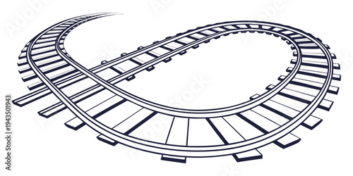 Railway track curving to the left on with railroad ties and metal rails