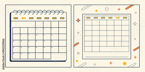 Two different calendar templates with various design elements and layouts for planning and organization purposes on a beige background