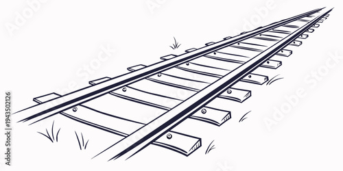 A black and white illustration of a railway track with grass on the side