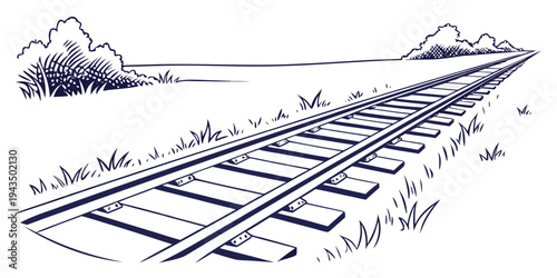 A black and white illustration of a railroad track with grass and trees in the background