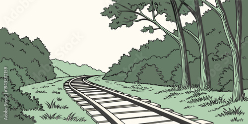 A railway track surrounded by green trees and grassy hillside on a sunny day with a white sky
