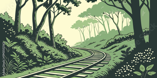 A winding railroad track through a lush forest with trees and greenery on both sides of the tracks