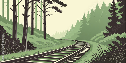 A train track surrounded by trees and grass in a forest with a green color scheme and a white sky