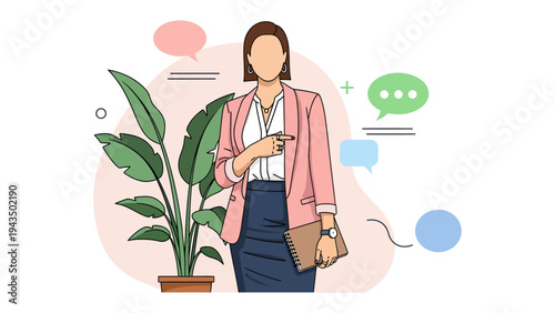 The Communicator's Presence: An elegant businesswoman, adorned in stylish attire, confidently directs attention, while thought bubbles gracefully hover nearby, hinting at a lively exchange of ideas.