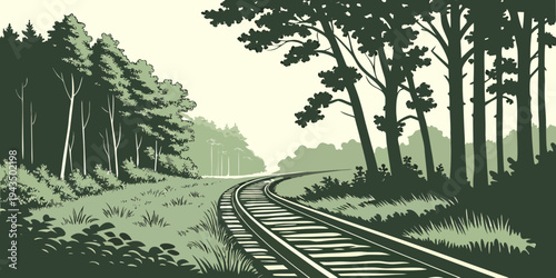 A serene landscape of a winding railroad track through a forest with tall trees and grass on both sides under a pale sky