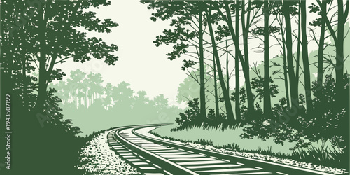 A green and white illustration of a railroad track through a forest with trees on both sides of the tracks and a hazy background