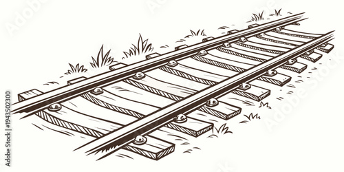 Railway track with grass on side, railroad with wooden sleepers and metal rails