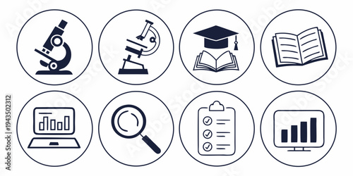 A set of eight icons representing various educational and scientific concepts
