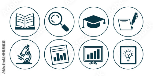 A set of eight icons representing education and learning concepts