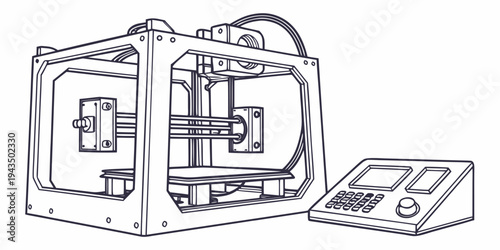A line drawing of an open 3d printer and control panel