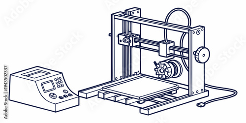 A line drawing of a 3d printer and its control panel on a with a detailed design