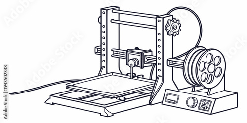 A line drawing of a 3d printer with a spool of filament on the right side and a build plate on the left side