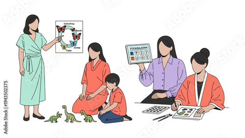 Child learning with Mentor: A supportive educator guides the children in a vibrant learning environment.  Illustrating collaborative learning and personal development.