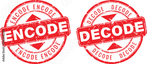 Quadro em tela Set of red circular grunge rubber stamps with encode and decode text for data se