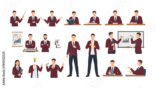 Professional Presentation in Various Poses: A diverse set of professional figures, each showcasing different poses and gestures, highlighting communication and leadership in a business context.