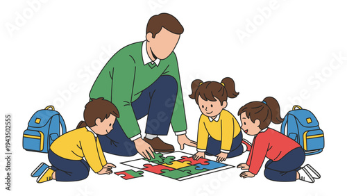Teacher and Students with a Puzzle: A dedicated educator interacts with children as they work together, solving a puzzle in a playful and engaging learning environment.