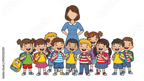 Happy School Days: A heartwarming scene unfolds as a group of cheerful children and their teacher gather, ready to start a day filled with learning and laughter.