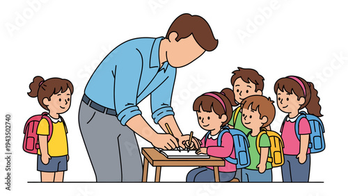 Classroom Collaboration: A dedicated teacher assists a group of eager students in a collaborative learning environment.