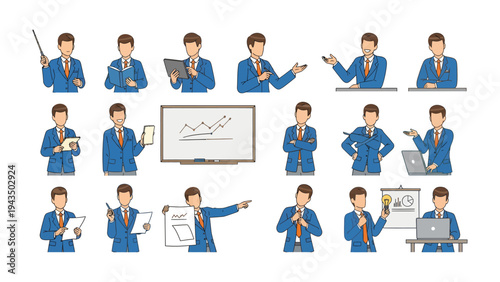 Businessman Illustration Set: A diverse set of illustrations showcases a man in a formal suit in various professional poses, highlighting his adaptability and versatility.