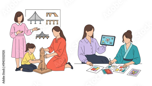 Artistic Workshop: A vibrant scene captures the essence of creativity and collaboration in an art workshop, showcasing individuals of diverse ages engaged in various art forms.