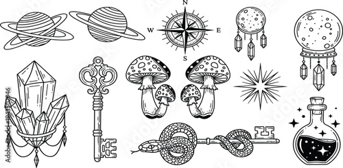 Mystical Celestial Vector Icon Set Featuring Planets Compass Mushrooms Crystals Magic Potion Bottle Snake Key and Dreamcatcher for Spiritual and Esoteric Graphic Design Projects