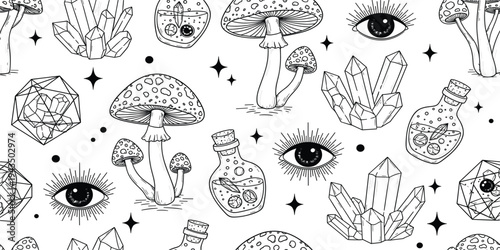 Mystical Magic Pattern with Mushrooms, Crystal Clusters, Potion Bottles, and All Seeing Eyes for Witchcraft Background, Boho Spiritual Design, and Fantasy Illustration