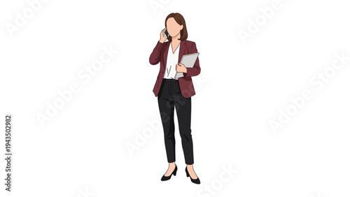 Business Communication: A poised businesswoman is engaged in a phone call, clutching a tablet, suggesting a modern professional interaction and a connection to today's business.