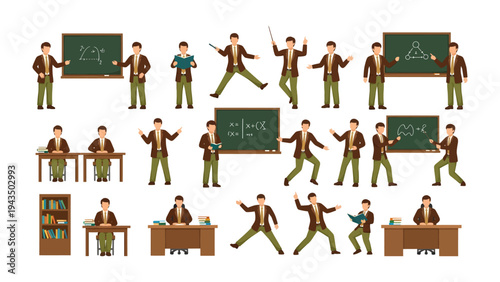 Professor's Dynamic Session: An illustrated scene of a professor in animated poses, engaged in dynamic teaching actions, from writing on a chalkboard to lively lectures.