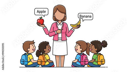 Classroom Fruits: A teacher presents an apple and a banana to a group of attentive students, creating a vibrant learning environment.