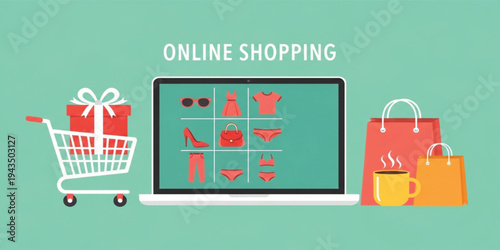 Online Shopping Concept with Laptop Displaying Fashion Products, Shopping Cart Gift Box and Bags, Ecommerce Retail Sale Digital Marketplace Vector Illustration