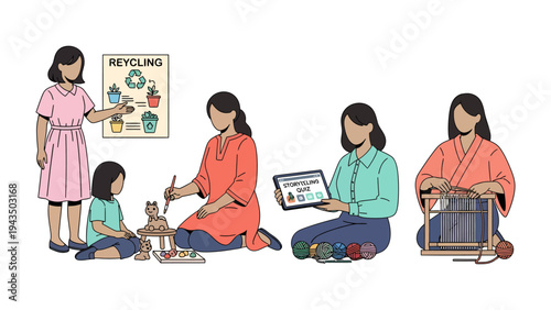 A Woman's World of Activity: Capturing the varied facets of a woman's life, from educating a child about nature, creative crafting, exploring technology, to the artistry of weaving.