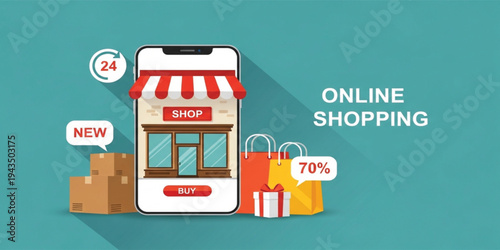 Online Shopping Mobile Store Concept with Smartphone Shop Interface, Discount Sale, Shopping Bags and Fast Delivery Representing Ecommerce Retail Marketing
