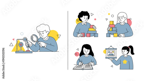 Exploring Creativity and Imagination: Illustrated scenes of children engaged in various activities, each moment representing a spark of creative expression.