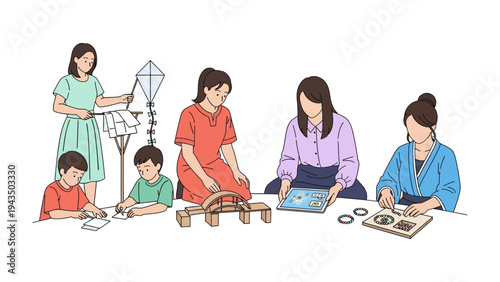 Creative Gathering: A group of individuals is immersed in creative activities. They include kite making, drawing, crafting with wood, and assembling puzzles.