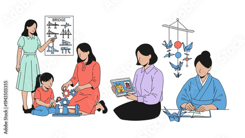 Nurturing Minds in Education: Various scenes unfold, highlighting the diverse ways women nurture and educate children, from learning activities to creative endeavors.