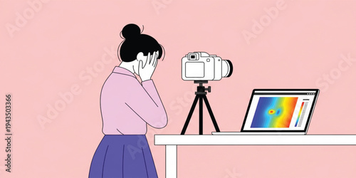 Photographer Analyzing Image Data with Camera on Tripod and Laptop Showing Heatmap Visualization, Photography Technology, Visual Analytics and Digital Imaging Concept