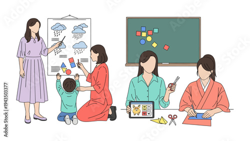 Nurturing Minds and Creativity: Educators engage young learners in a dynamic environment, fostering curiosity and cultivating creativity through interactive activities.