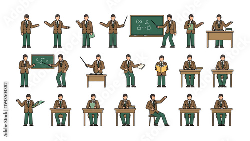 Academic Poses: A compilation of illustrations showcasing an educator in various dynamic poses, engaged in the act of imparting knowledge and guidance within an academic environment.
