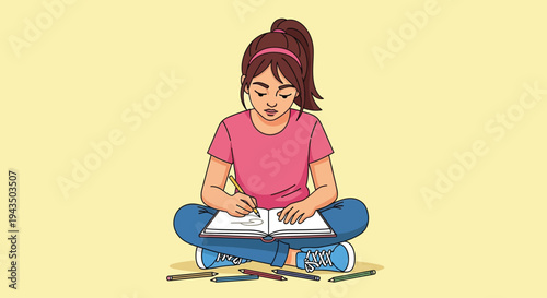 Young Woman Reading Book Sitting on Books.