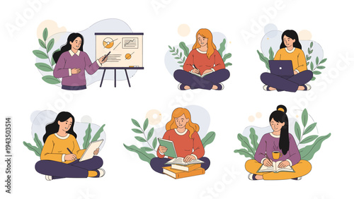 Learning and Sharing Illustration: A series of illustrations capturing women in various learning activities, surrounded by hints of nature, showcasing diverse methods of knowledge acquisition.