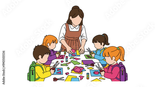 Creative Learning Circle: A dedicated educator guiding a group of children through a vibrant art and crafts session, fostering creativity and learning.