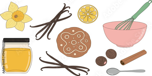 Vanilla Baking Ingredients and Kitchen Tools Collection with Honey Jar, Lemon Slice, Cinnamon Stick, Nutmeg, Cookie, Whisk, and Mixing Bowl Vector Illustration