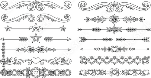 Vintage Decorative Divider and Ornament Vector Set with Floral Swirls Hearts Stars Arrows and Elegant Border Design Elements Collection