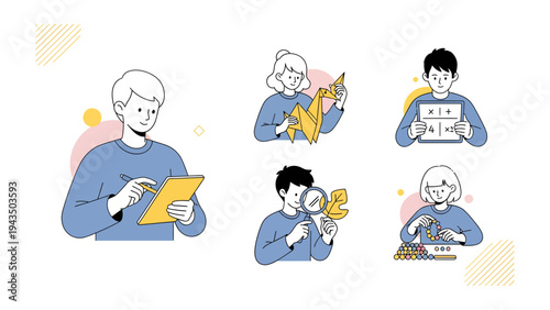 Exploring Ideas: A creative collection of individuals engaged in thought-provoking activities, from sketching to calculations, each immersed in the process of discovery and innovation.