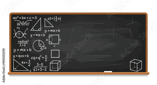 Blackboard with Mathematical Equations and Shapes.