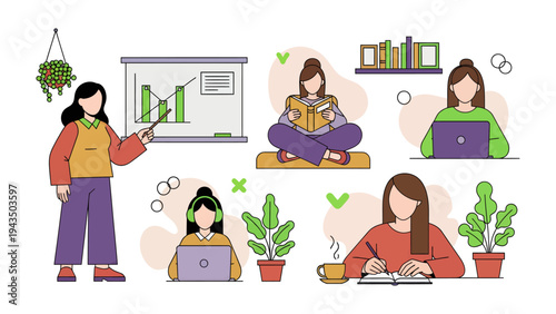 Digital Nomad's Delight: A vibrant illustration depicts a modern individual immersed in various work and leisure pursuits, embodying the freedom and flexibility of the digital nomad lifestyle.